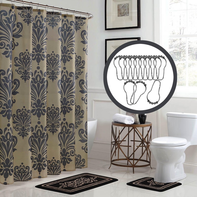 Creative Home Ideas 15-Piece Bathroom Shower Curtain Set â€“ Set of 1 Shower Curtain & 12 Metal Hooks & 1 Bath Mat & 1 Contour Mat, Modern Bathroom DÃ©cor, Machine Washable, Reverly Black/Linen - Image 1